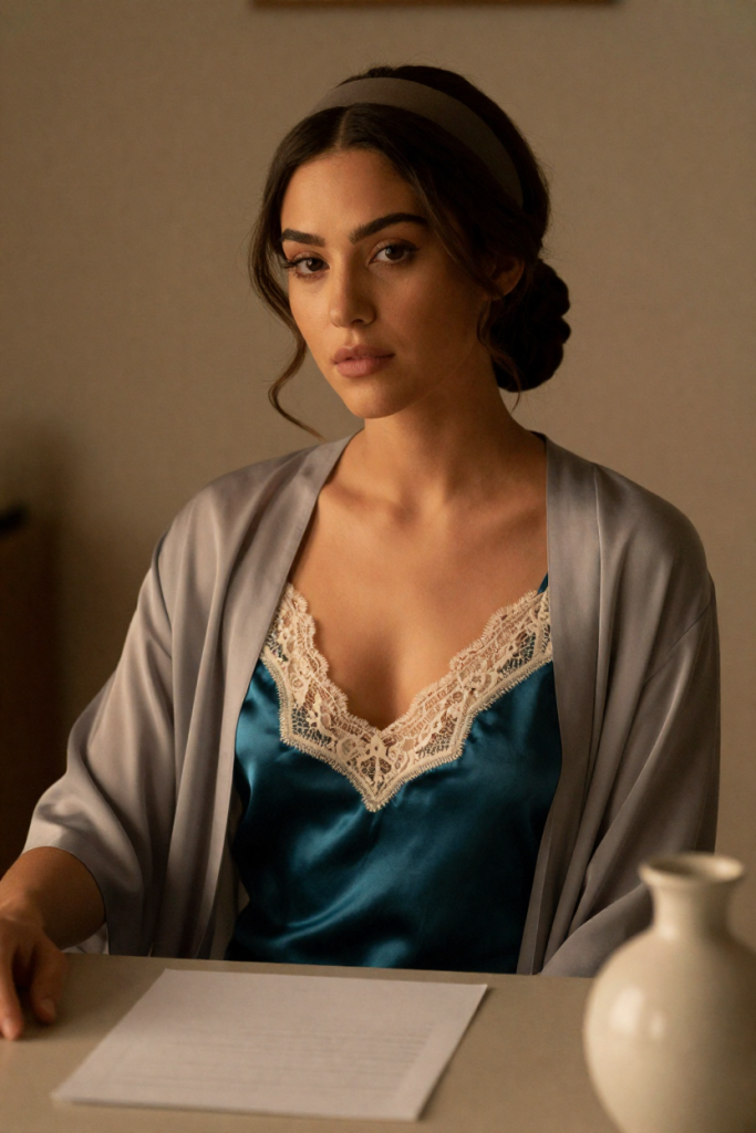 Chuhai008 muse in a teal silk slip dress with ivory lace and a sheer slate robe at a desk with blank paper